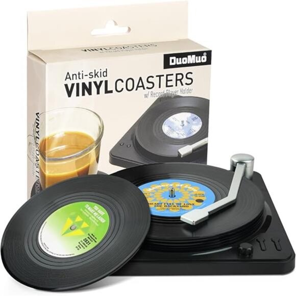 Funny Retro Record Coasters for Drinks with Vinyl Player Holder for Music - Picture 8 of 8